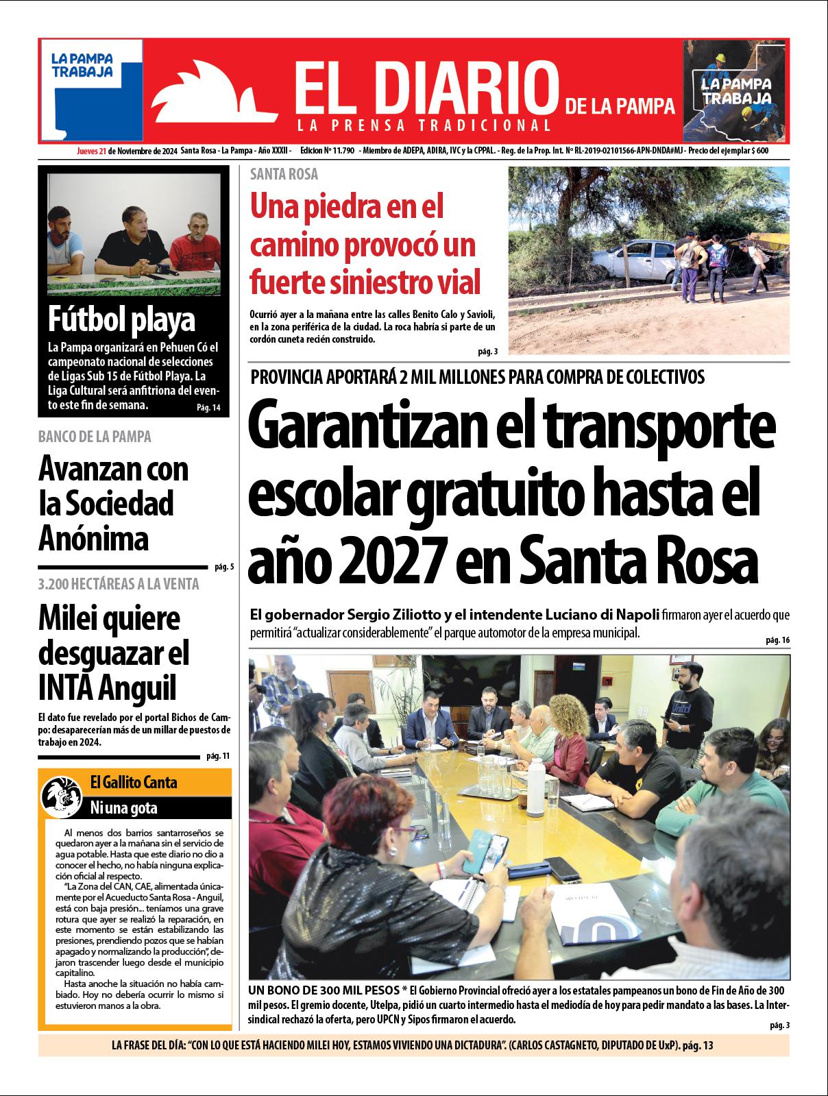 Tapa de El Diario en papel  jueves 21 de noviembre de 2024